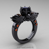 Art Masters Classic Winged Skull 14K Black Gold 1.0 Ct Black Diamond Orange Sapphire Solitaire Engagement Ring R613-14KBGOSBD