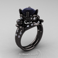 Modern Vintage 14K Black Gold 3.0 Ct Black and White Diamond Solitaire Ring Set R167S-14KBGDBD