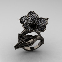 Designer Exclusive 14K Black Gold Diamond Devils Trumpet Flower and Vine Ring NN123-14KBGD-1