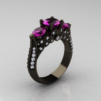 14K Black Gold Three Stone Diamond Amethyst Solitaire Ring R200-14KBGDAM-1