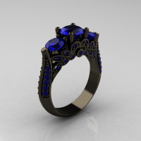 Classic 14K Black Gold Three Stone Blue Sapphire Solitaire Ring R200-14KBGBS-1