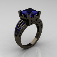 French Vintage 14K Black Gold 3.8 Carat Princess Blue Sapphire Solitaire Ring R222-BGBS-1