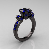 Modern Antique 14K Black Gold 1.0 Carat Blue Sapphire Flip Accent Bridal Solitaire Ring R227-14KBGBS-1