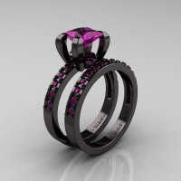 Modern French 14K Black Gold 1.0 Carat Princess Amethyst Engagement Ring Weding Band Bridal Set AR125S-14KBGAM-1