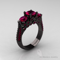 14K Black Gold Three Stone Black Diamond Raspberry Red Garnet Solitaire Ring R200-14KBGRRG-1