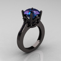 Classic 14K Black Gold 3.0 Carat Russian Chrysoberyl Alexandrite Black Diamond Solitaire Wedding Ring R301-14KBGBDAL-1