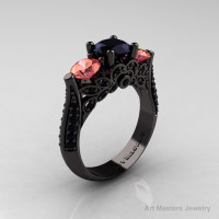 Classic 14K Black Gold Three Stone Black Diamond Peach Imperial Topaz Solitaire Ring R200-14KBGPITBD-1