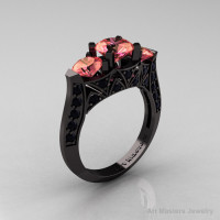 Modern 14K Black Gold Three Stone Peach Imperial Topaz Black Diamond Solitaire Engagement Ring Wedding Ring R250-14KBGBSPIT-1
