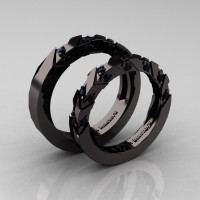 Modern Italian 14K Black Gold Black Diamond Wedding Band Set R310BS-14KBGBD-1
