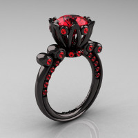 French Antique 14K Black Gold 3.0 Carat Rubies Diamond Solitaire Wedding Ring Y235-14KBGR-1