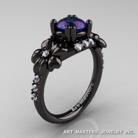Nature Inspired 14K Black Gold 2.0 Ct Alexandrite Diamond Leaf and Vine Engagement Ring R245-14KBGD2AL-1