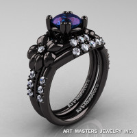 Nature Inspired 14K Black Gold 1.0 Ct Alexandrite Diamond Leaf and Vine Engagement Ring Wedding Band Set R245S-14KBGDAL-1