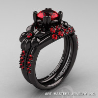 Nature Inspired 14K Black Gold 1.0 Ct Rubies Leaf and Vine Engagement Ring Wedding Band Set R245S-14KBGDR-1