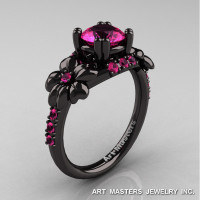Nature Inspired 14K Black Gold 1.0 Ct Pink Sapphire Leaf and Vine Engagement Ring R245-14KBGPS-1