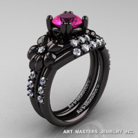 Nature Inspired 14K Black Gold 1.0 Ct Pink Sapphire Diamond Leaf and Vine Engagement Ring Wedding Band Set R245S-14KBGDPS-1