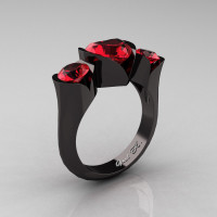 Nature Classic 14K Black Gold 2.0 Ct Heart Rubies Three Stone Floral Engagement Ring Wedding Ring R434-14KBGR-1