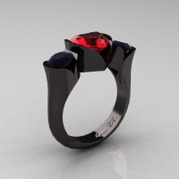 Nature Classic 14K Black Gold 2.0 Ct Heart Ruby Black Diamond Three Stone Floral Engagement Ring Wedding Ring R434-14KBGBDR-1