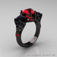 Scandinavian 14K Black Gold 2.0 Ct Heart Rubies Black Diamond Three Stone Designer Engagement Ring R434M-14KBGBDR-1