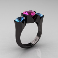 Nature Classic 14K Black Gold 2.0 Ct Heart Pink Sapphire Blue Topaz Three Stone Floral Engagement Ring Wedding Ring R434-14KBGBTPS-1
