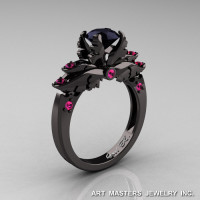Classic Blazer 14K Black Gold 1.0 Ct Black Diamond Pink Sapphire Solitaire Engagement Ring R482-14KBGPSBD-1