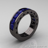 Mens Modern 14K Black Gold Princess Blue Sapphire Channel Cluster Sun Wedding Ring R274-14BGBS-1