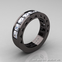 Mens Modern 14K Black Gold Princess White Sapphire Channel Cluster Sun Wedding Ring R274-14BGWS-1