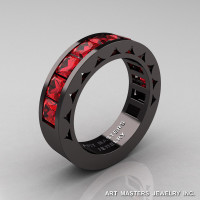Mens Modern 14K Black Gold Princess Rubies Channel Cluster Sun Wedding Ring R274-14BGR-1
