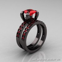 Modern French 14K Black Gold 1.0 Ct Princess Rubies Engagement Ring Weding Band Bridal Set AR125S-14KBGR-1