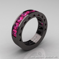 Mens Modern 14K Black Gold Princess Pink Sapphire Channel Cluster Sun Wedding Ring R274-14BGPS-1