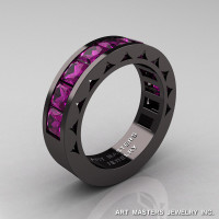 Mens Modern 14K Black Gold Princess Amethyst Channel Cluster Sun Wedding Ring R274-14BGAM-1