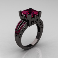 French Vintage 14K Black Gold 3.8 Carat Princess Raspberry Red Garnet Solitaire Ring R222-BGRG-1