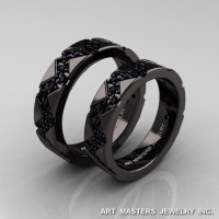 Classic Armenian 14K Black Gold Black Diamond Wedding Band Set R504BS-14KBGBD-1