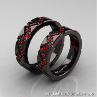 Classic Armenian 14K Black Gold Rubies Wedding Band Set R504BS-14KBGR-1