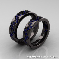 Classic Armenian 14K Black Gold Blue Sapphire Wedding Band Set R504BS-14KBGBS-1