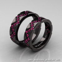 Classic Armenian 14K Black Gold Pink Sapphire Wedding Band Set R504BS-14KBGPS-1