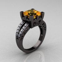 French Vintage 14K Black Gold 3.8 Carat Princess Citrine Diamond Solitaire Ring R222-BGDCI-1