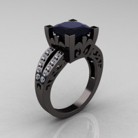 French Vintage 14K Black Gold 3.8 Carat Princess Black and White Diamond Solitaire Ring R222-BGDBD-1