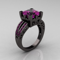 French Vintage 14K Black Gold Princess Amethyst Solitaire Wedding Ring R222-BGAM-1