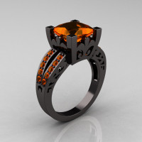 French Vintage 14K Black Gold Princess Orange Sapphire  Solitaire Wedding Ring R222-BGOS-1