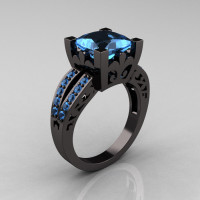French Vintage 14K Black Gold Princess Blue Topaz Solitaire Wedding Ring R222-BGBT-1
