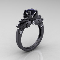 Classic Angel 14K Matte Black Gold 1.0 Ct Black and White Diamond Solitaire Engagement Ring R482-14KMBGDBD-1