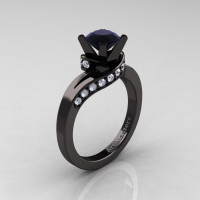 Classic 14K Black Gold 1.0 Ct Black and White Diamond Designer Solitaire Ring R259-14KBGDBD-1