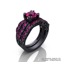 Modern Vintage 14K Matte Black Gold 1.0 Ct Pink Sapphire Solitaire Wedding Band Bridal Set R322S-14KMBGPS-1