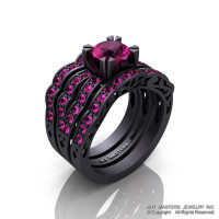 Modern Vintage 14K Matte Black Gold 1.0 Ct Pink Sapphire Solitaire Ring Double Wedding Band Bridal Set R322S2-14KMBGPS-1