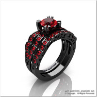 Modern Vintage 14K Black Gold 1.0 Ct Rubies Solitaire Ring Wedding Band Bridal Set R322S-14KBGR-1