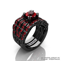 Modern Vintage 14K Black Gold 1.0 Ct Rubies Solitaire Ring Double Wedding Band Bridal Set R322S2-14KBGR-1