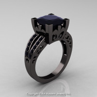French Vintage 14K Black Gold Princess Black Diamond Solitaire Wedding Ring R222-BGBD-1