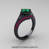 Exclusive French 14K Black Gold 1.23 CT Princess Emerald Pink Sapphire Engagement Ring R176-14BGPSEM-1