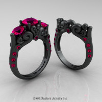 Art Masters Athena 14K Matte Black Gold Three Stone Rose Ruby Modern Antique Wedding Ring Set R515S-14KMBGRR-1