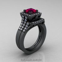 French 14K Matte Black Gold 1.0 Ct Princess Rose Ruby Diamond Engagement Ring Wedding Band Set R215PS-14KMBGDRR-1